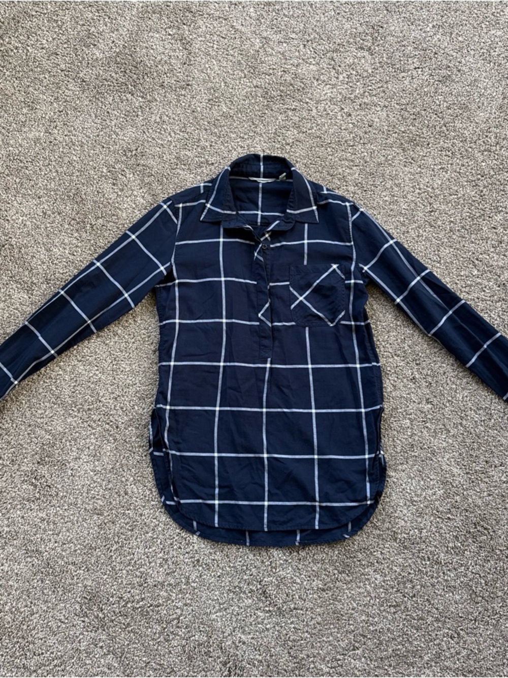 Athleta Women’s XS Navy White Half Button-Down Plaid Shirt EUC
